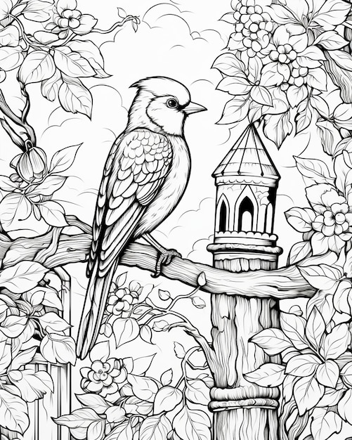 Photo bird perched on tree coloring pages