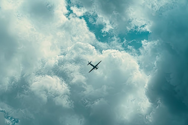 Bird and plane flying in cloudy blue sky