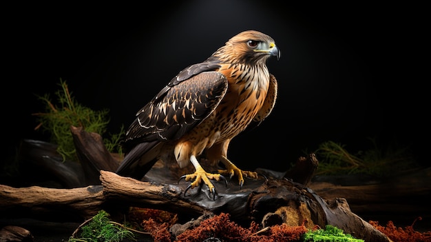 Bird of Prey CloseUp Redtailed Hawk's Intense Eyes and Full Body on Black Background