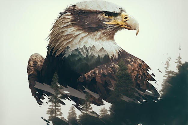 Bird of of prey eagle portrait with double exposure nature background