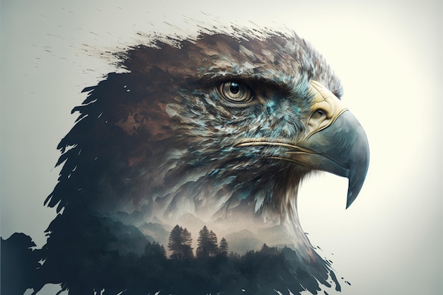 Bird of of prey eagle portrait with double exposure nature background