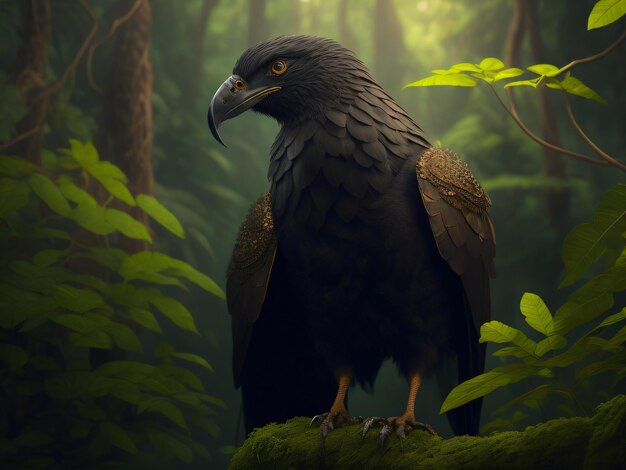 A bird of prey sits on a branch in a forest