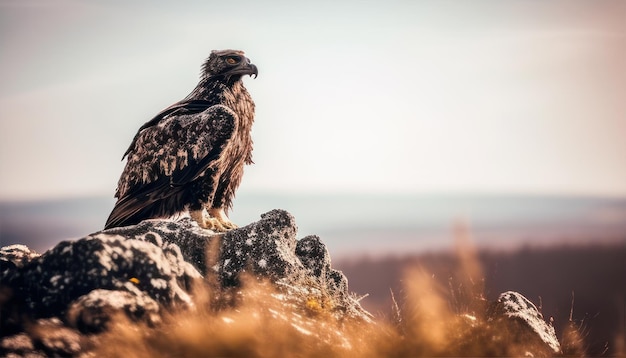 A bird of prey sits on a rock