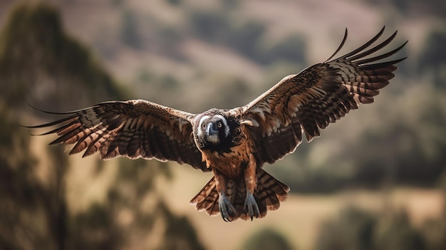 A bird of prey with a black and yellow feathered tail and a white face.