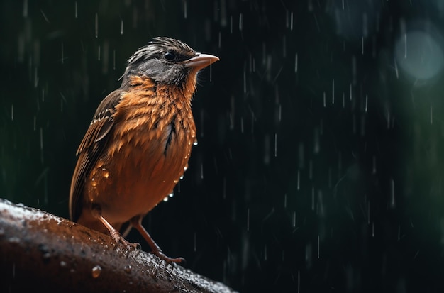 A bird in the rain with the rain falling on it