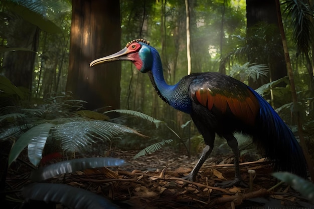 A bird in a rainforest with a red head and blue feathers.