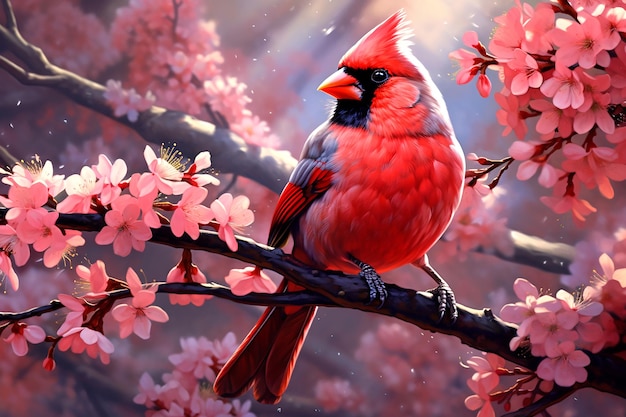 Bird red cardinal sitting on a branch of sakura blossoms Generative AI