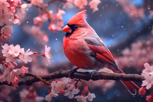 Bird red cardinal sitting on a branch of sakura blossoms Generative AI