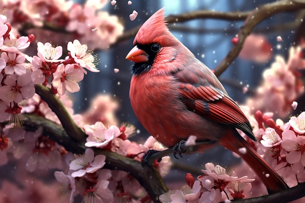 Bird red cardinal sitting on a branch of sakura blossoms Generative AI