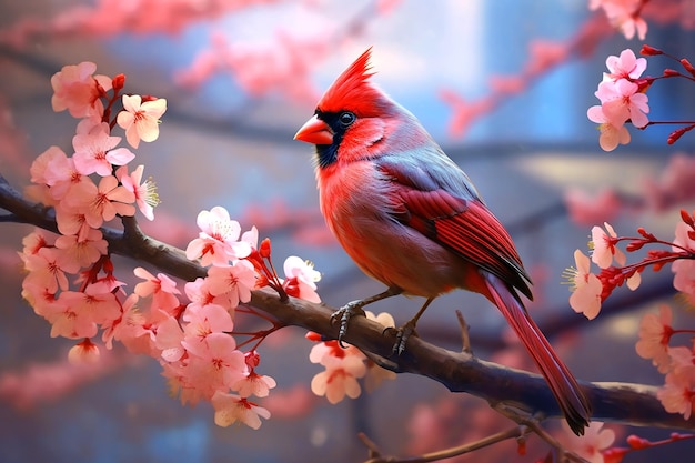 Bird red cardinal sitting on a branch of sakura blossoms Generative AI