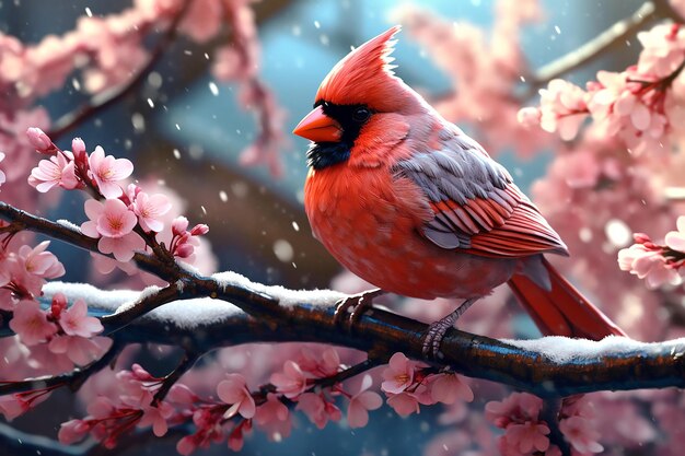 Bird red cardinal sitting on a branch of sakura blossoms Generative AI