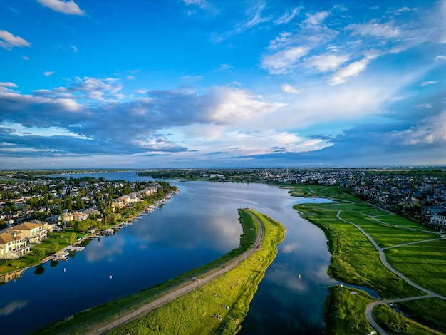 Bird's eye view of Chestermere Lake in Alberta, Canada.