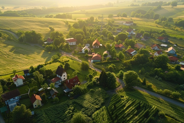 A bird s eye view of countryside homes in green fields at sunrise