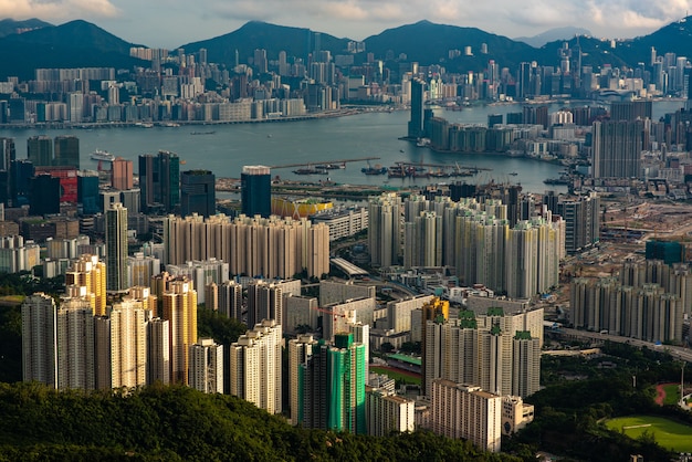 bird's eye view of Hong Kong at dusk