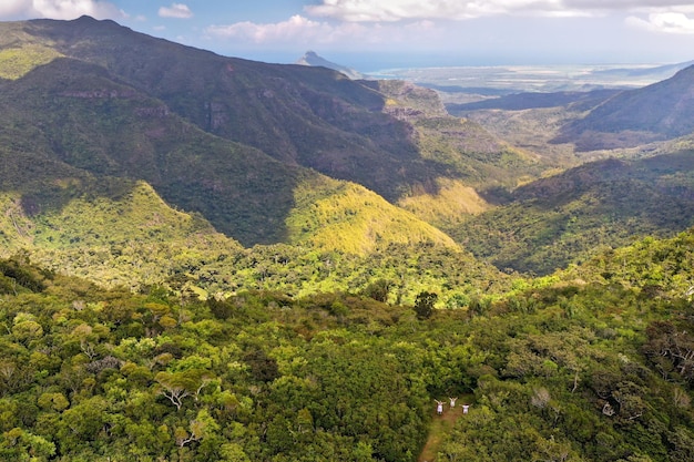 Bird's-eye view of the mountains and fields of the island of Mauritius.Landscapes Of Mauritius.