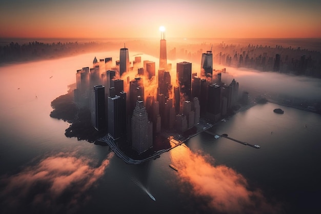 A bird's eye view of New York City during sunset