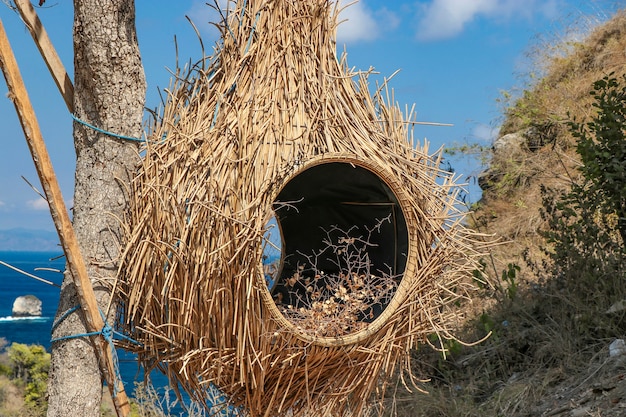 Bird's nest from straw, tourist photo area on the island of Nusa Penida, near Bali, Indonesia, horizontal orientation