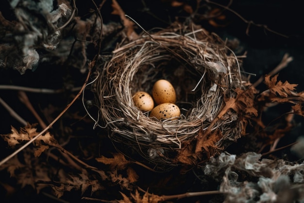 A bird's nest with eggs in it