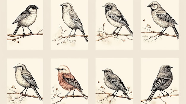 the bird Set of posters with birds Engraved images and typography Generative AI