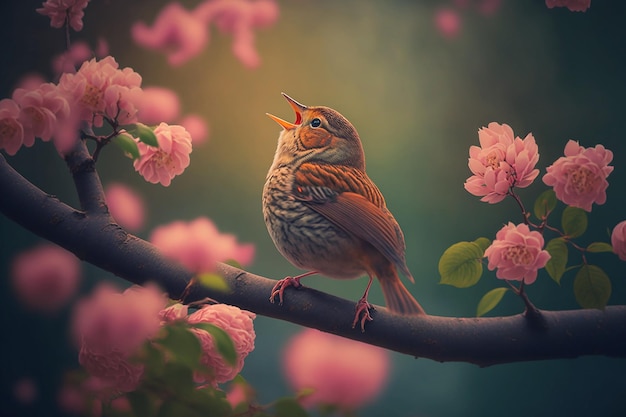 A bird singing in a tree with pink flowers