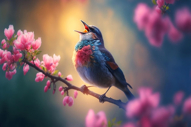 A bird singing in a tree with pink flowers