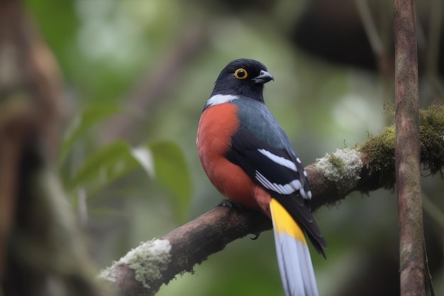 A bird sits on a branch in the amazon rainforest.