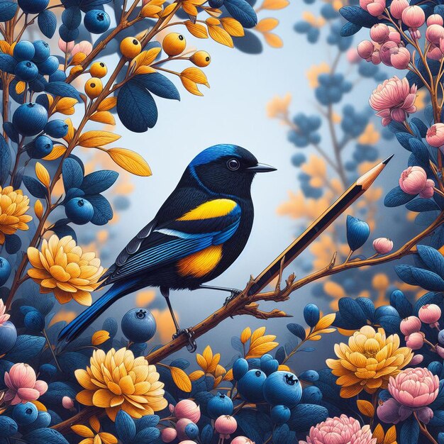 a bird sits on the branch of a blueberry tree