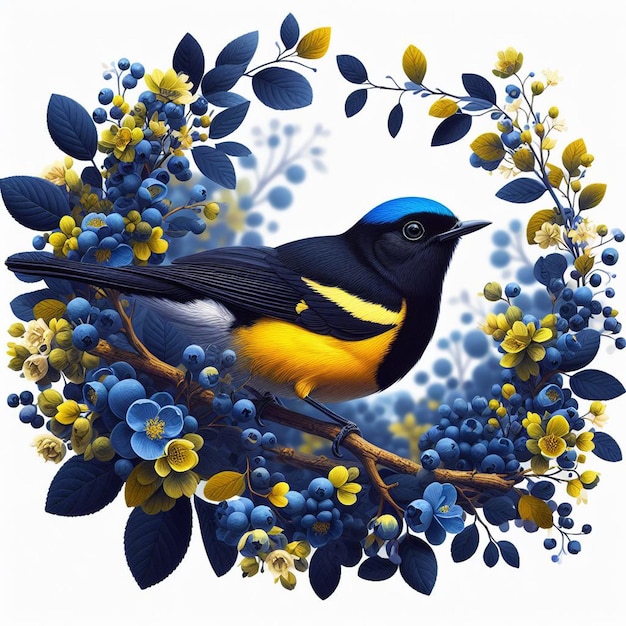 a bird sits on the branch of a blueberry tree