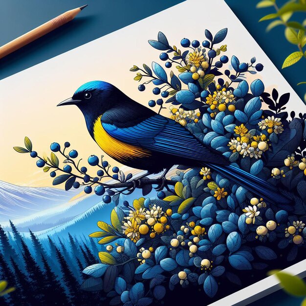 a bird sits on the branch of a blueberry tree