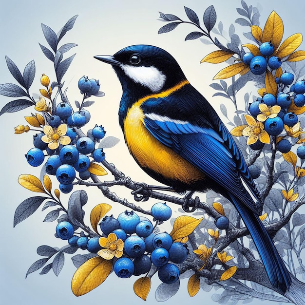 a bird sits on the branch of a blueberry tree