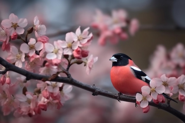 A bird sits on a branch of a cherry blossom tree.