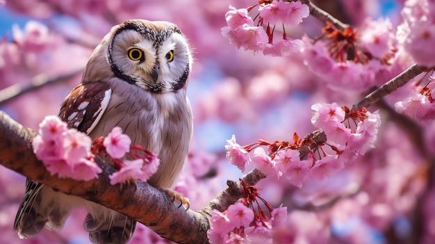 A bird sits on a branch of cherry blossoms.