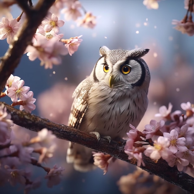 A bird sits on a branch of cherry blossoms.