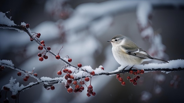 A bird sits on a branch covered in snow.