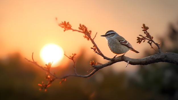 A bird sits on a branch in front of a sunset.