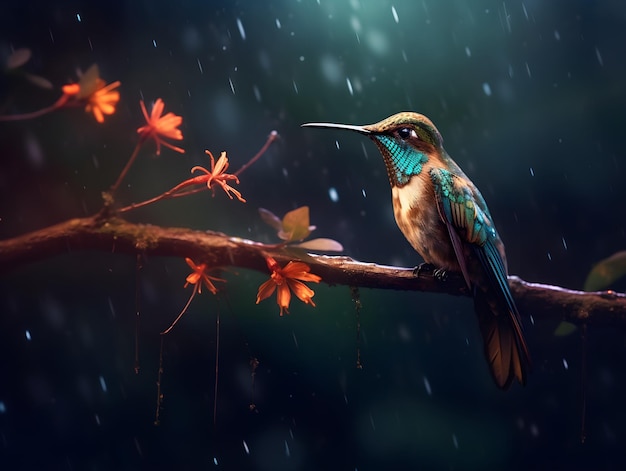 A bird sits on a branch in the rain.