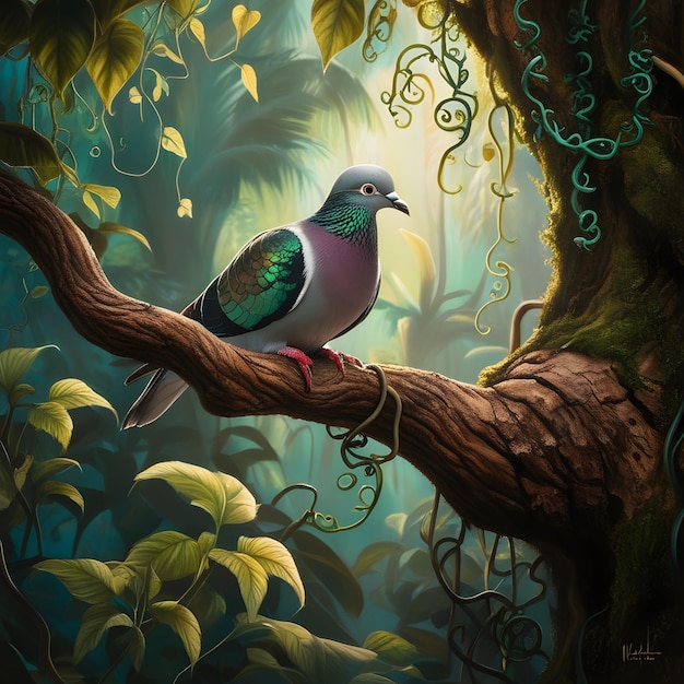 a bird sits on a branch of a tree with leaves and vines