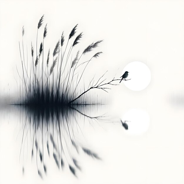 Photo a bird sits on a branch in the water with reeds in the foreground and white background