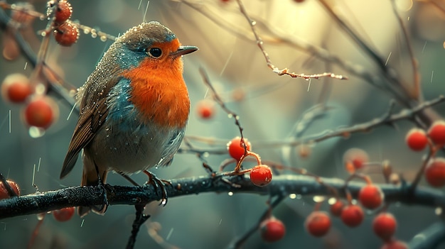 a bird sits on a branch with berries in the background