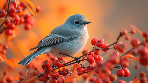 a bird sits on a branch with berries in the background