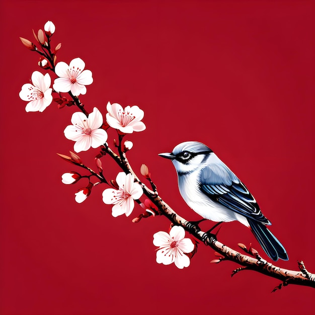 Photo a bird sits on a branch with flowers in the background