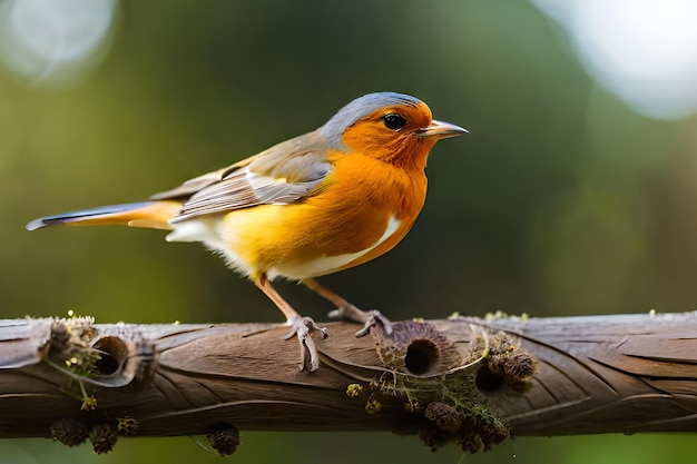 A bird sits on a branch with a green background.