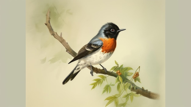 A bird sits on a branch with a green leaf in the background.