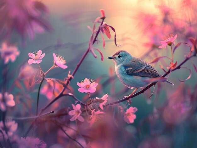 a bird sits on a branch with pink flowers in the background