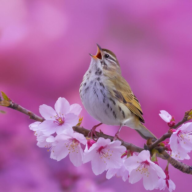 Photo a bird sits on a branch with pink flowers in the background