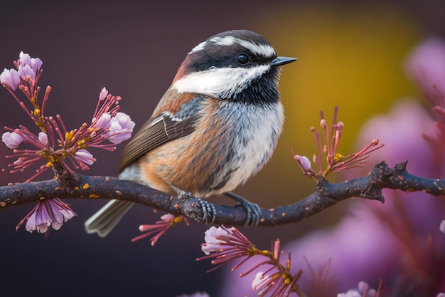 A bird sits on a branch with pink flowers in the background.