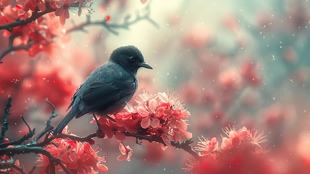 a bird sits on a branch with pink flowers