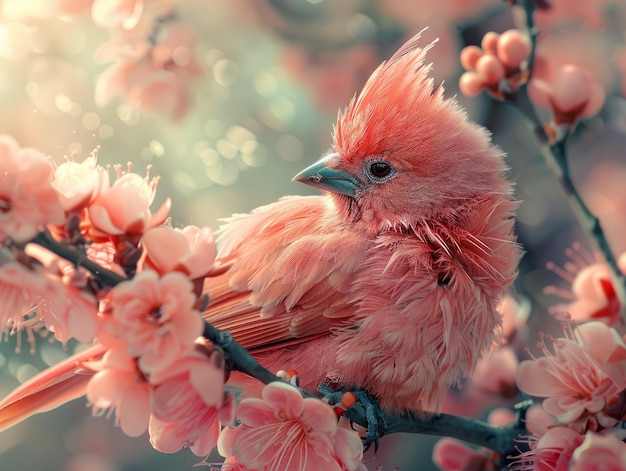 a bird sits on a branch with pink flowers