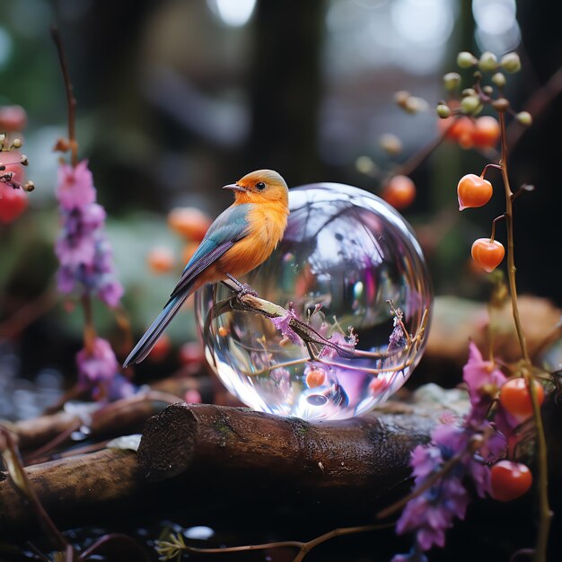 a bird sits on a branch with purple flowers in the background