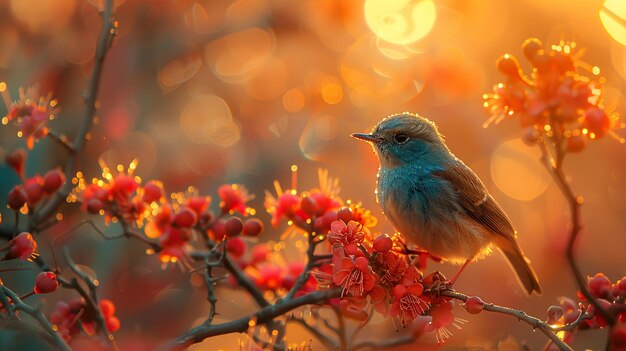 a bird sits on a branch with red berries in the background